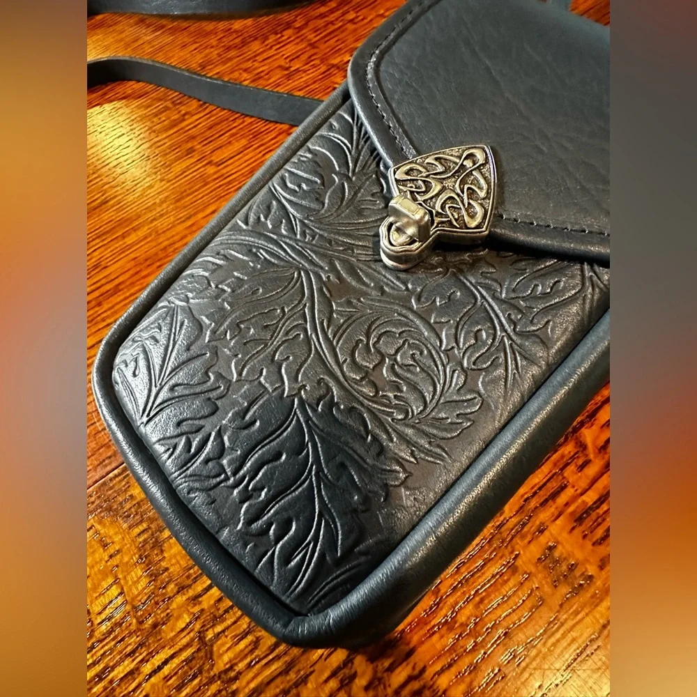 Oberon Design Leather Molly Cell Phone Handbag, Embossed Acanthus Leaf Navy - Picture 11 of 12